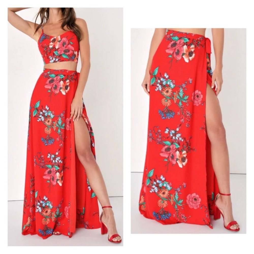 Lulus Red Floral Long Wrap Skirt Size Small